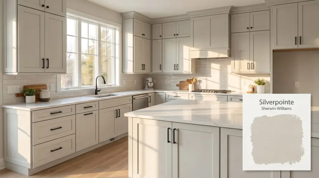 Morning light floods a modern kitchen showcasing shaker cabinets finished in Silverpointe (Hex #D1D2CB), white quartz countertops, and matte black hardware.