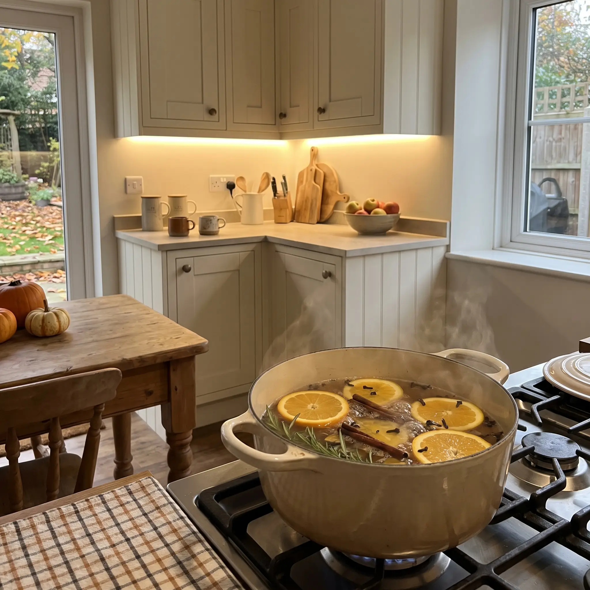 A simmering pot filled with thickly sliced oranges, whole cinnamon sticks, cloves, and fresh rosemary sprigs rests on a stove beneath warm ivory cabinets.