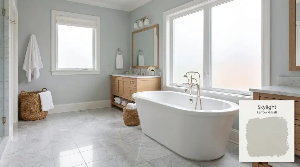 A freestanding white soaking tub and polished nickel hardware anchor a coastal bathroom painted in Farrow & Ball Skylight (Hex #c9cfcd).