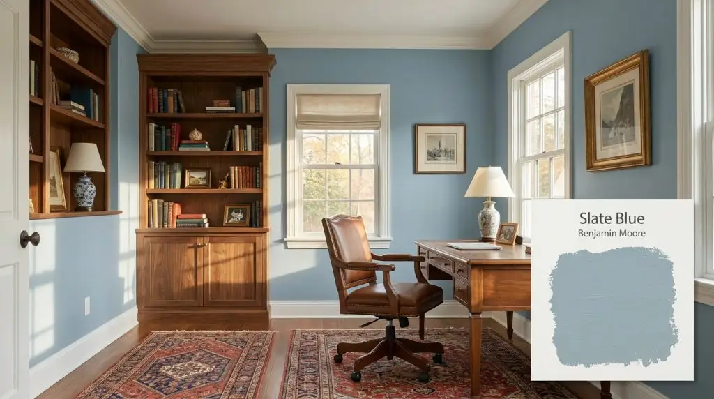 Built-in wooden bookshelves and a leather desk chair furnish a traditional home office painted in Slate Blue (Hex #9BB1BB).