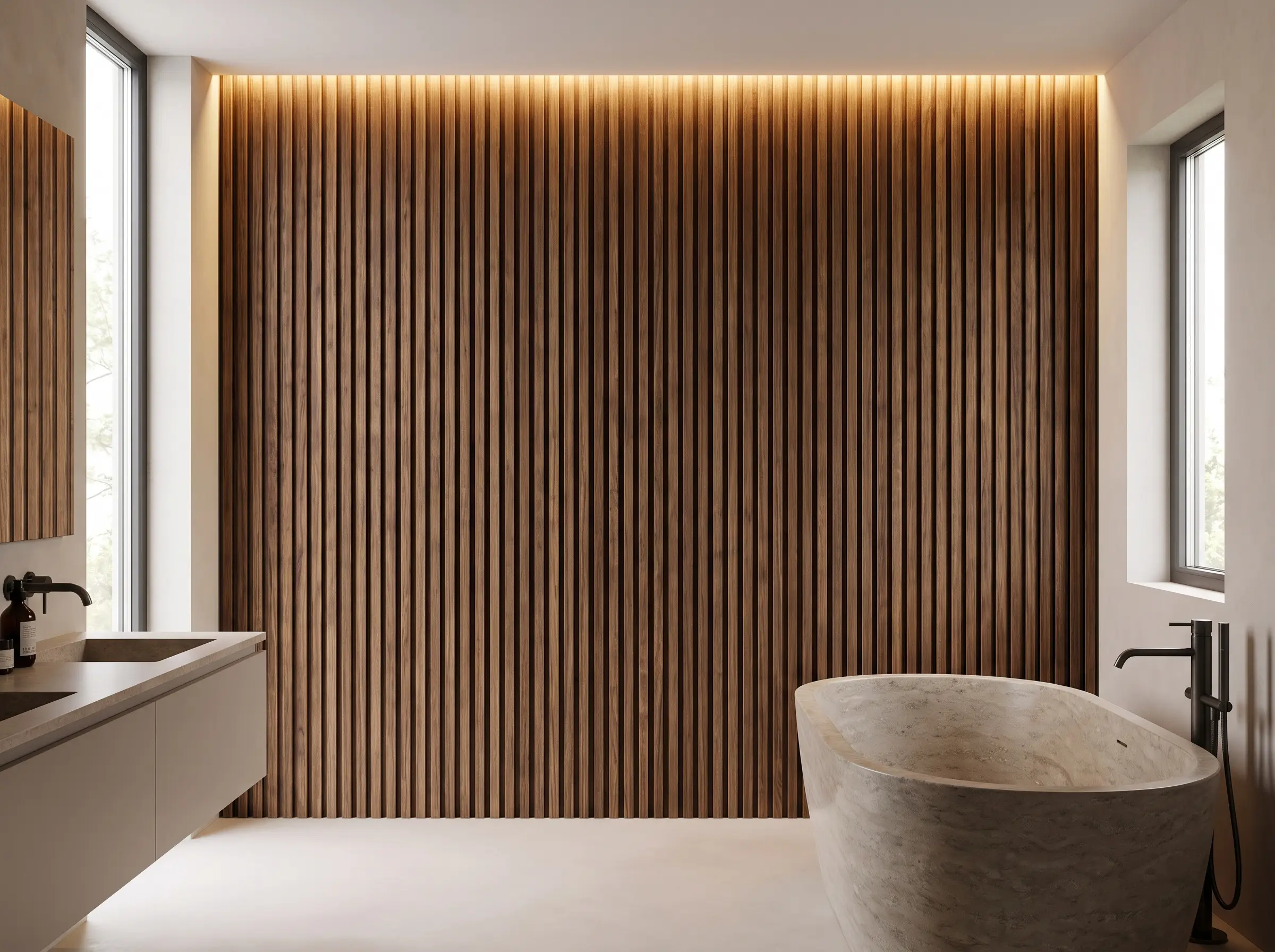 Vertically slatted thermally modified ash wood panels form an architectural dry accent wall, illuminated at the top by a hidden LED strip.