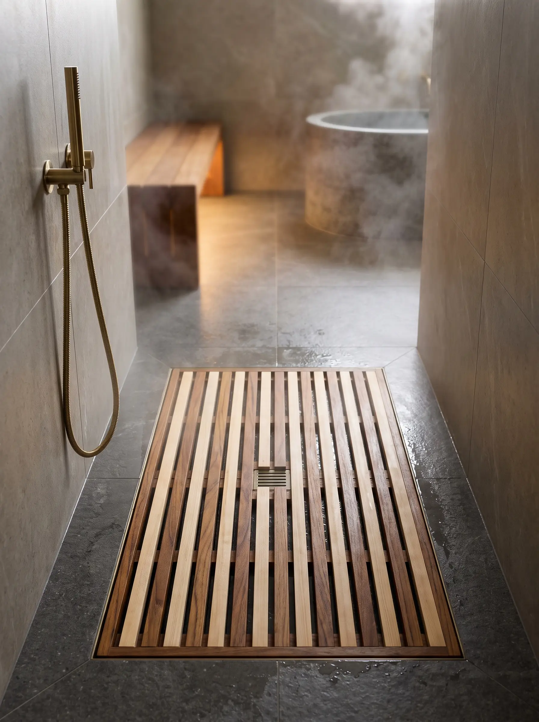 Custom slatted teak and Hinoki wood inserts drop directly over a pitched shower pan drain beside a sleek brass handheld shower wand.