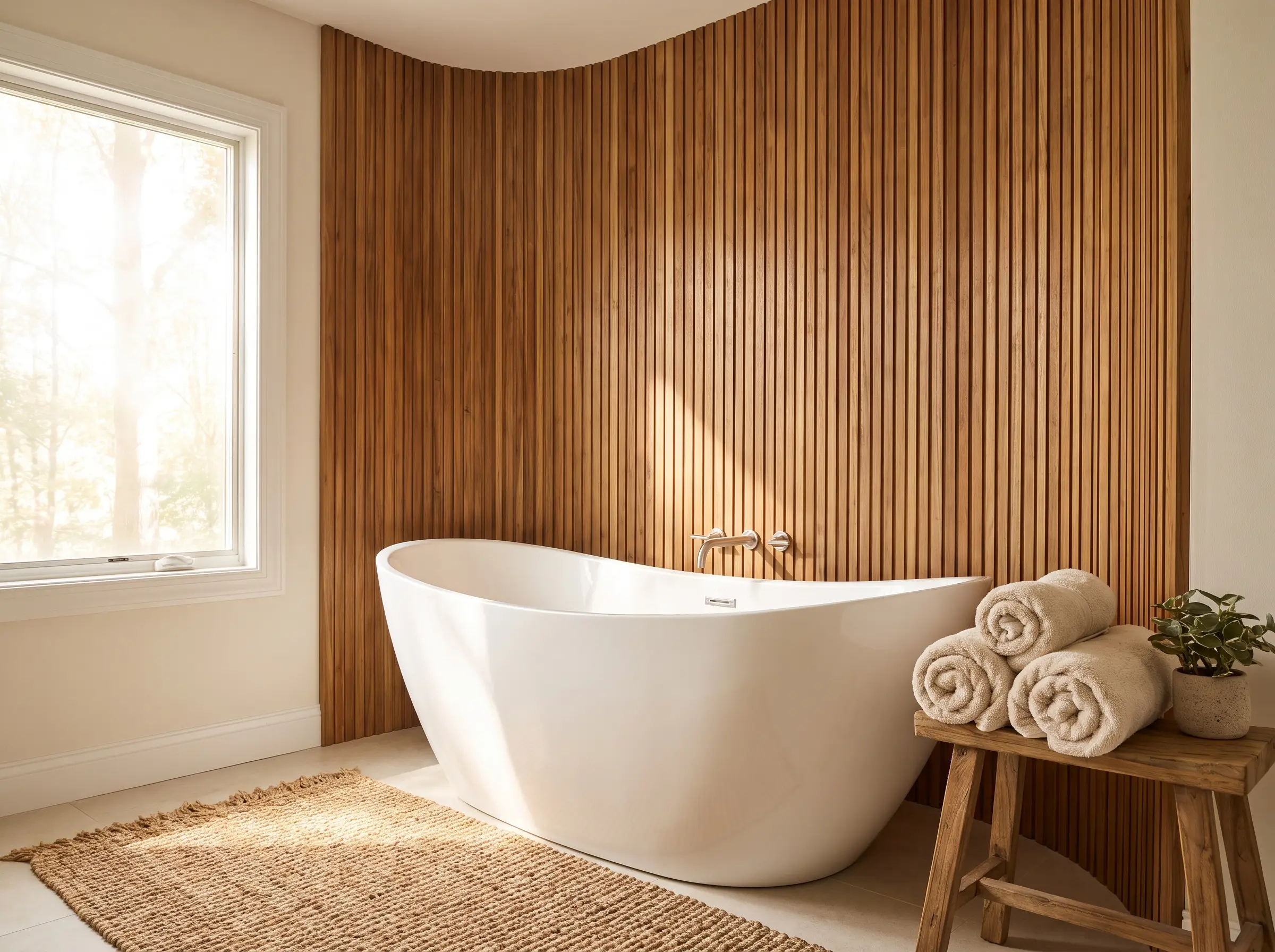 Marine-grade slatted teak wood panels cover an accent wall directly behind a sleek white freestanding soaking tub in an organic modern spa-like bathroom.