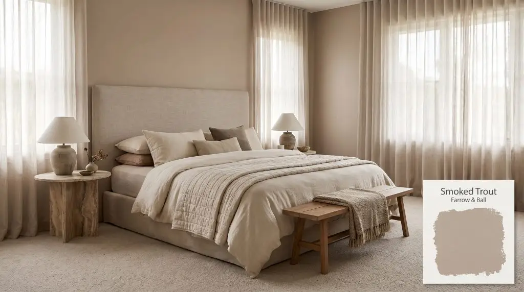 Plush wool carpeting and a linen upholstered headboard center a serene organic modern bedroom finished in Farrow & Ball Smoked Trout (Hex #bda794).