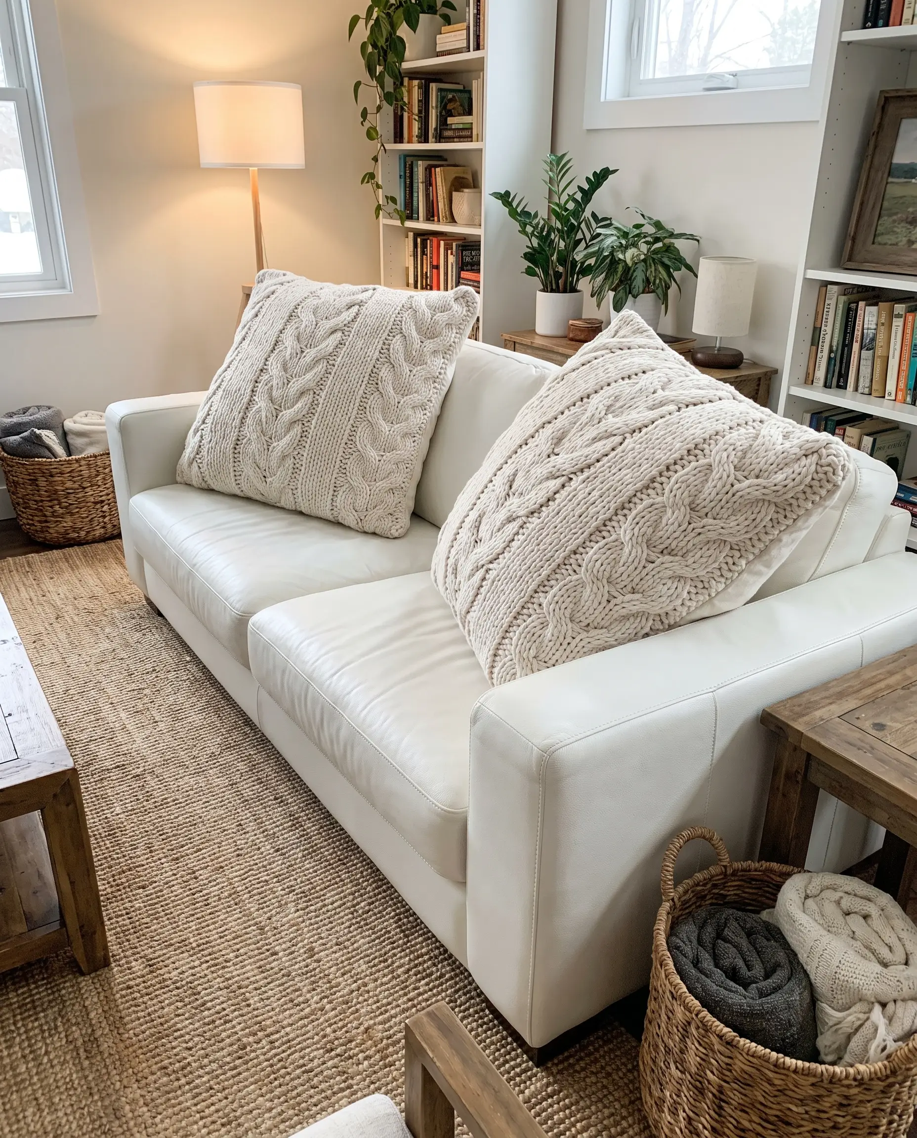 Oversized Snowbound chunky cotton cable knit cushions introduce massive architectural texture to a stark white sofa above a warm beige area rug.