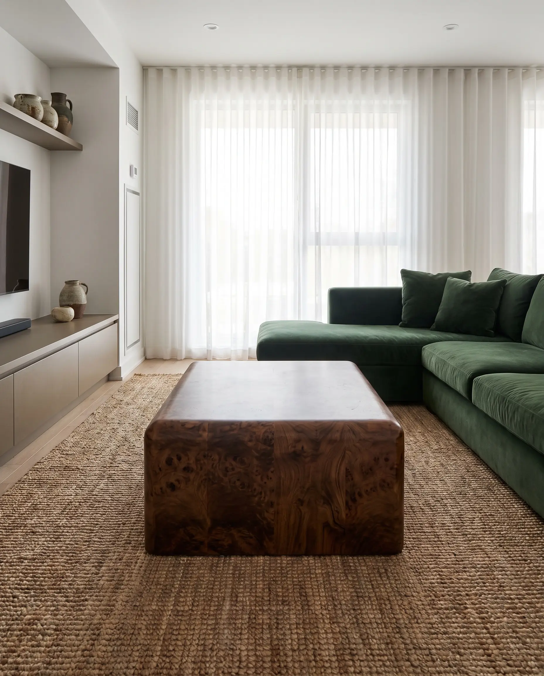 A heavy plinth-style coffee table crafted from solid burl wood rests on a thick textured jute rug near a deep-pile velvet sofa and sheer drapery.