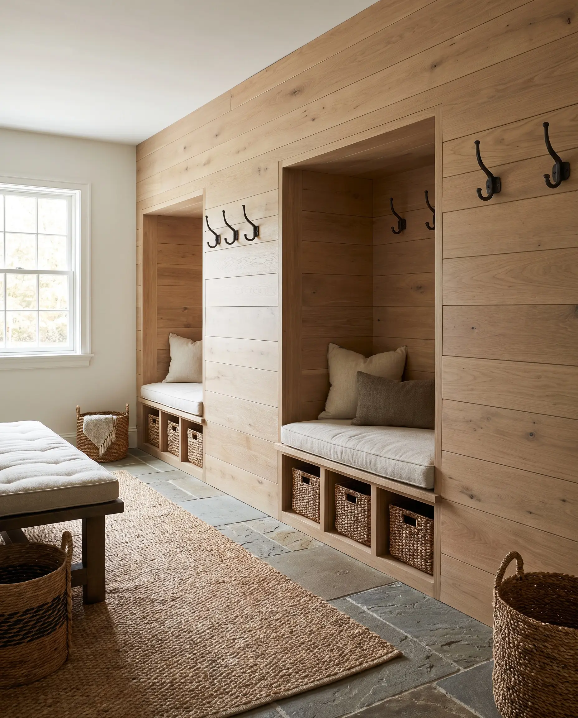 Solid white oak planks sealed in a matte finish line the back wall of built-in mudroom cubbies fitted with heavy forged iron coat hooks.