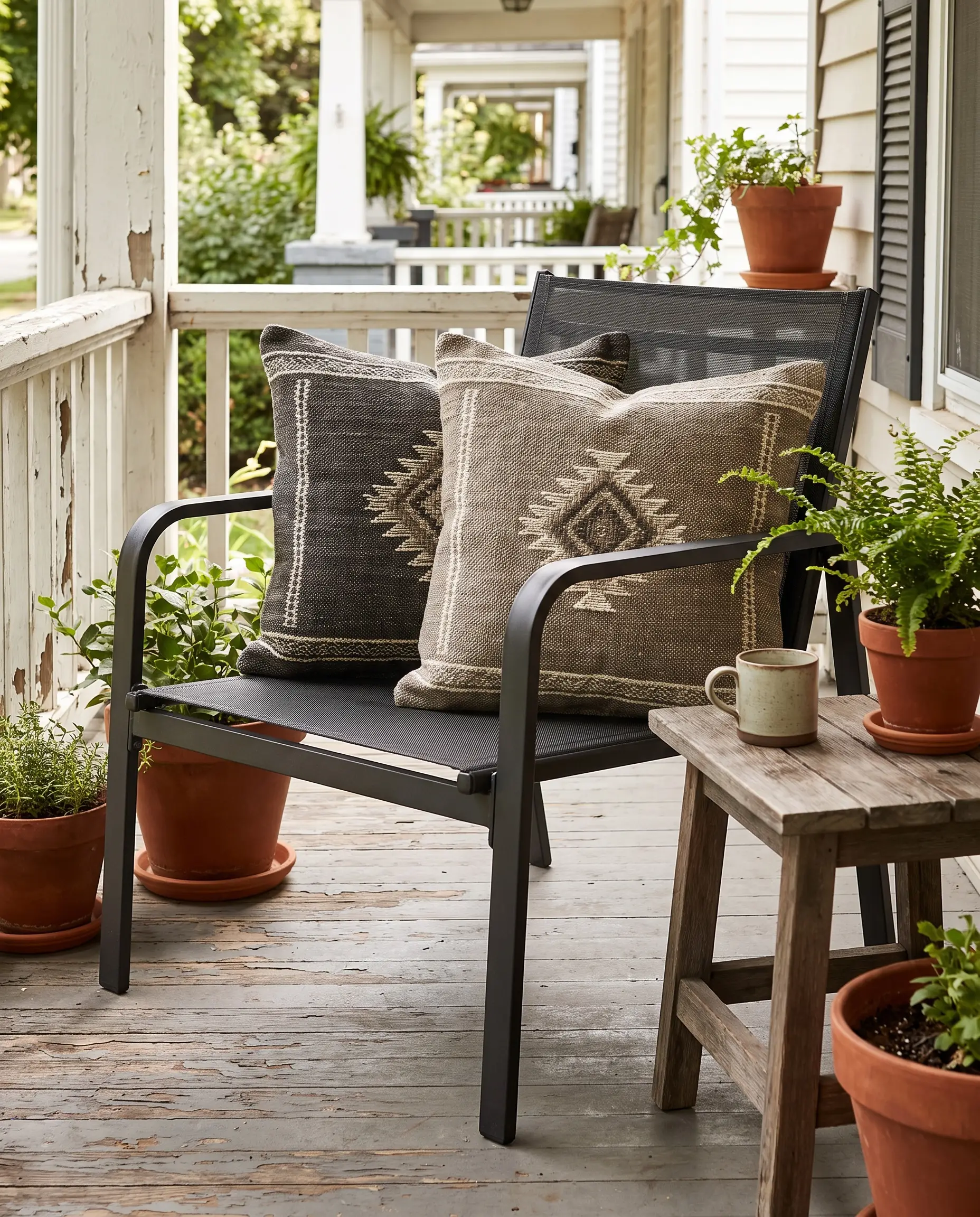 Plush, solution-dyed acrylic throw pillows featuring subtle geometric patterns rest on a rigid metal outdoor lounge chair, utilizing high-performance textiles for durability.