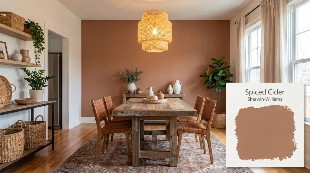 A rustic reclaimed wood table and woven leather chairs sit before a warm dining room accent wall painted in SW Spiced Cider (Hex #B0785C).