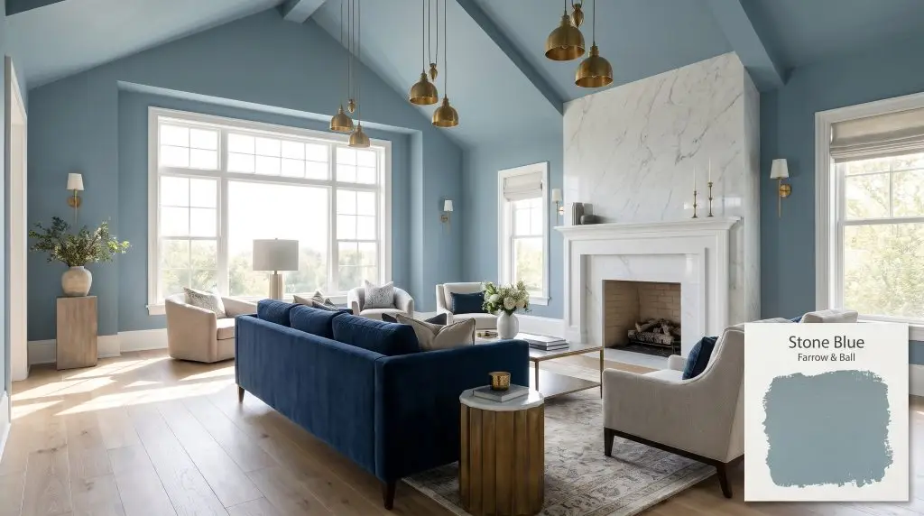 A grand living room with vaulted ceilings and a navy velvet sofa against walls painted in Farrow & Ball Stone Blue (Hex #7295a1).
