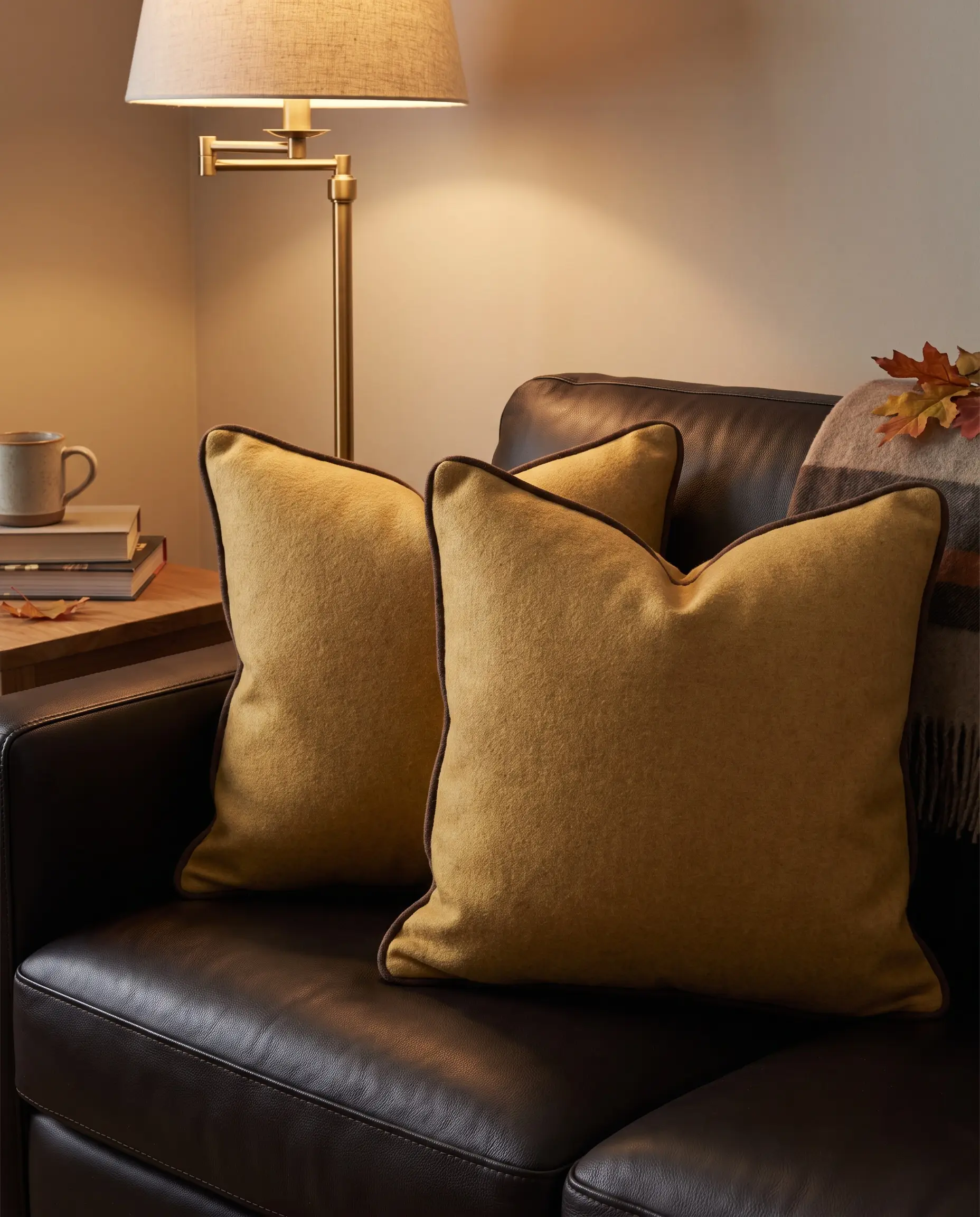 Thick Stuart Gold woven wool pillows with dark brown welted edges grip the slick upholstery of an espresso leather sofa near a brass lamp.