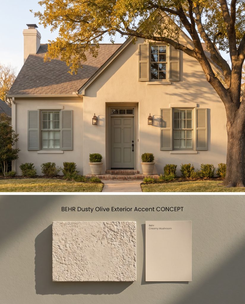 A digital composite board presenting a stucco exterior with muted green painted shutters on top, and a flat-lay of rough stucco below.