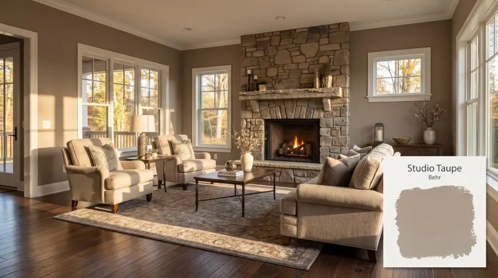 Warm afternoon sunlight highlights a natural stone fireplace and dark walnut hardwood floors in a cozy living room painted with Behr Studio Taupe (Hex #a59789).