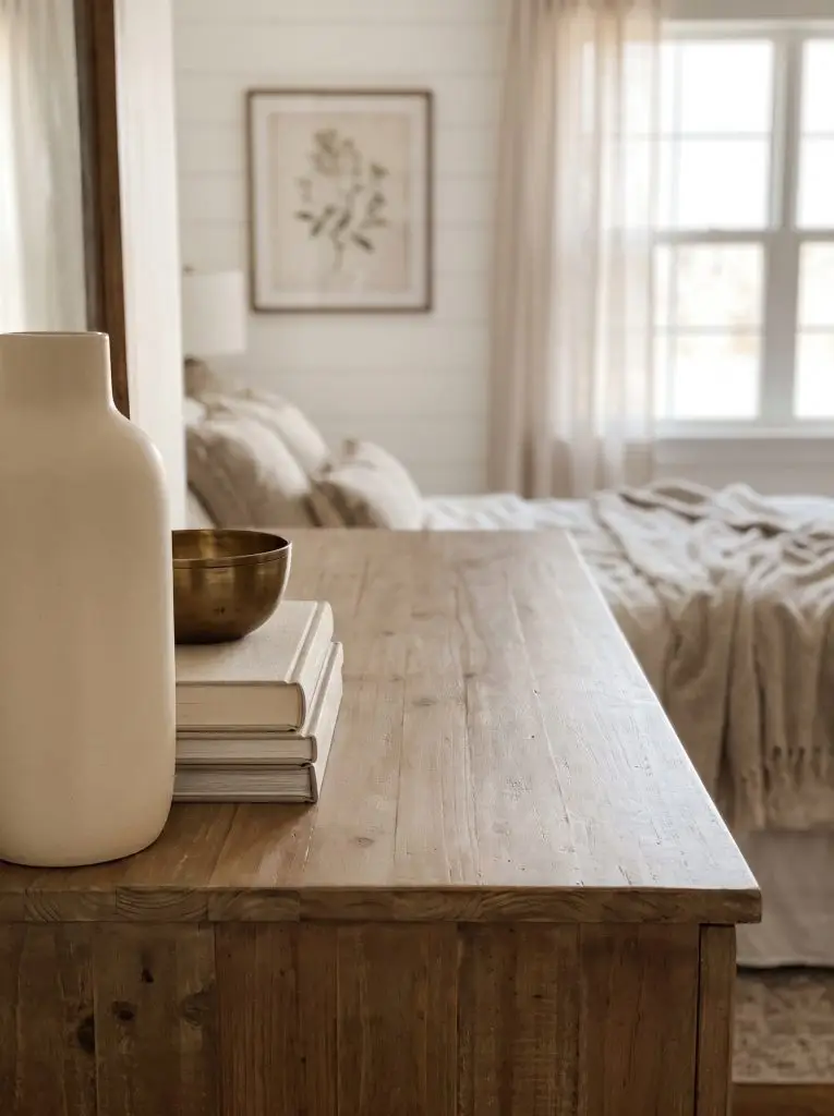 A wooden bedroom dresser displays a tall matte ceramic vase, linen-bound books, and a low brass bowl grouped with intentional negative space.