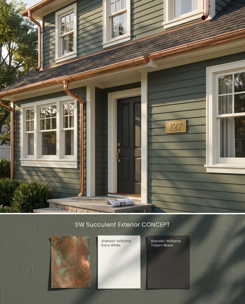 A split conceptual board showcasing a traditional green exterior facade on top and a textured flat-lay of aged copper and paint swatches below.
