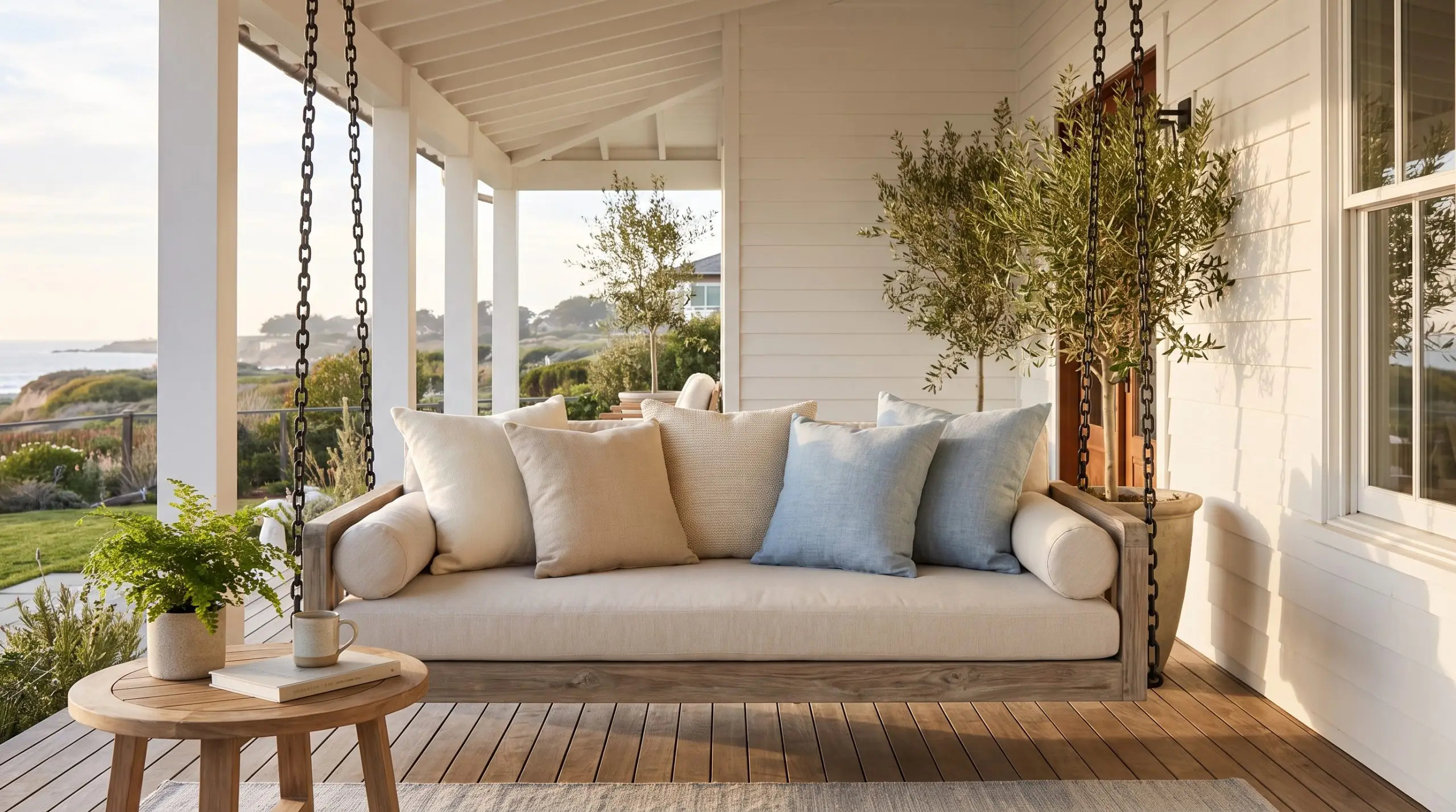 A twin-sized suspended daybed hangs by heavy-duty matte black steel chains on a deep wrap-around porch, featuring a high-density outdoor foam mattress.