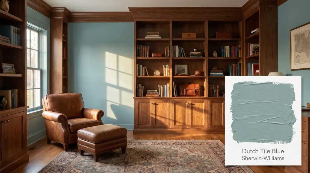 A leather armchair sits beside rich walnut built-in bookshelves in a tranquil study enveloped in muted blue-green Dutch Tile Blue (Hex #9AABAB).