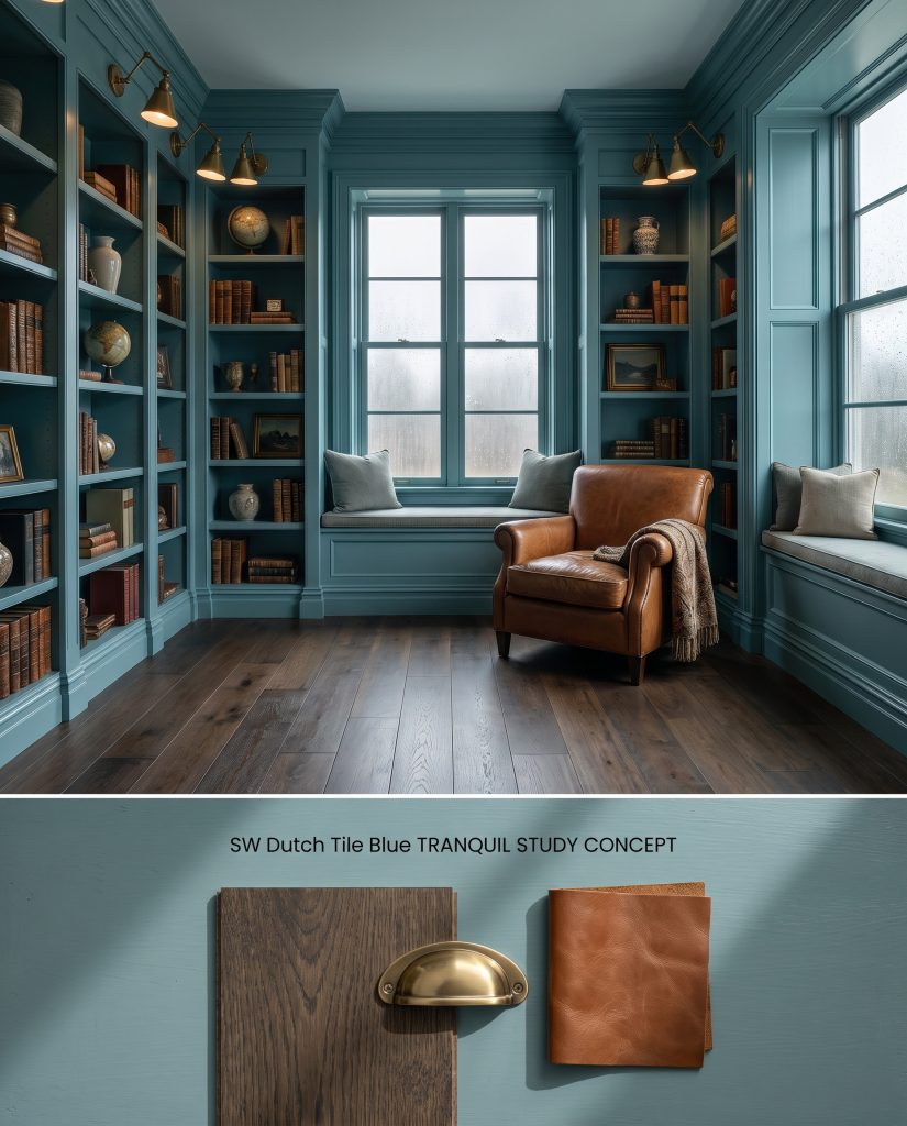 A digital layout displaying a teal color-drenched study on top, paired with a flat-lay of dark oak, antique brass, and cognac leather.