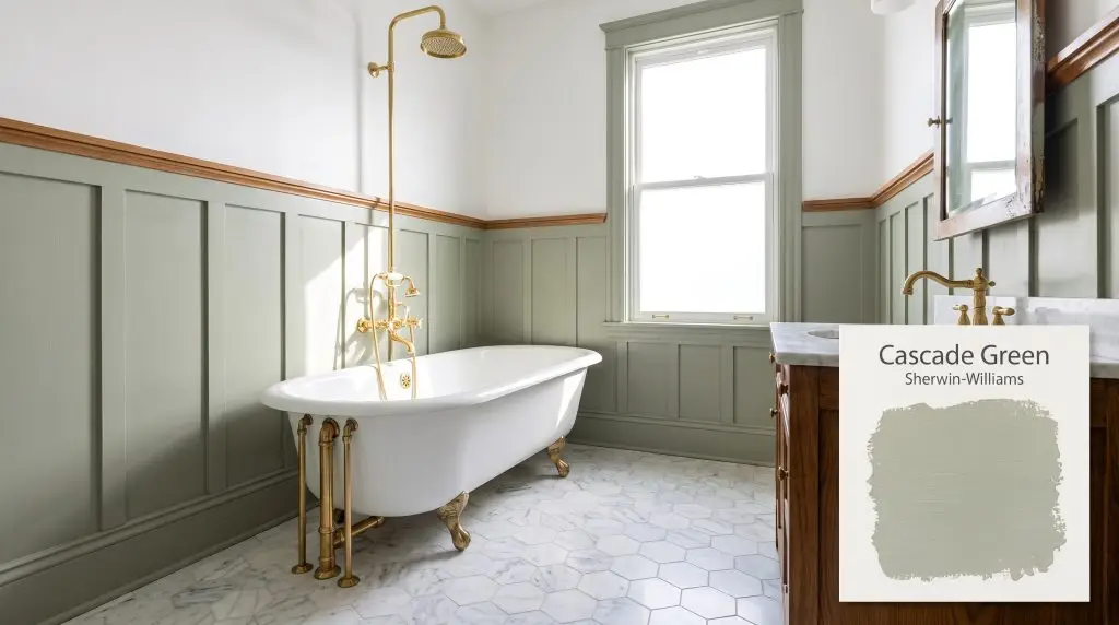 A white clawfoot tub rests on marble hexagon tiles near historic craftsman wainscoting finished in Sherwin-Williams Cascade Green (Hex #ACB19F).