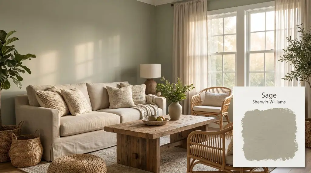 A natural linen sofa and reclaimed wood coffee table sit warmly beneath walls painted in Sherwin-Williams Sage (Hex #B3AE95).