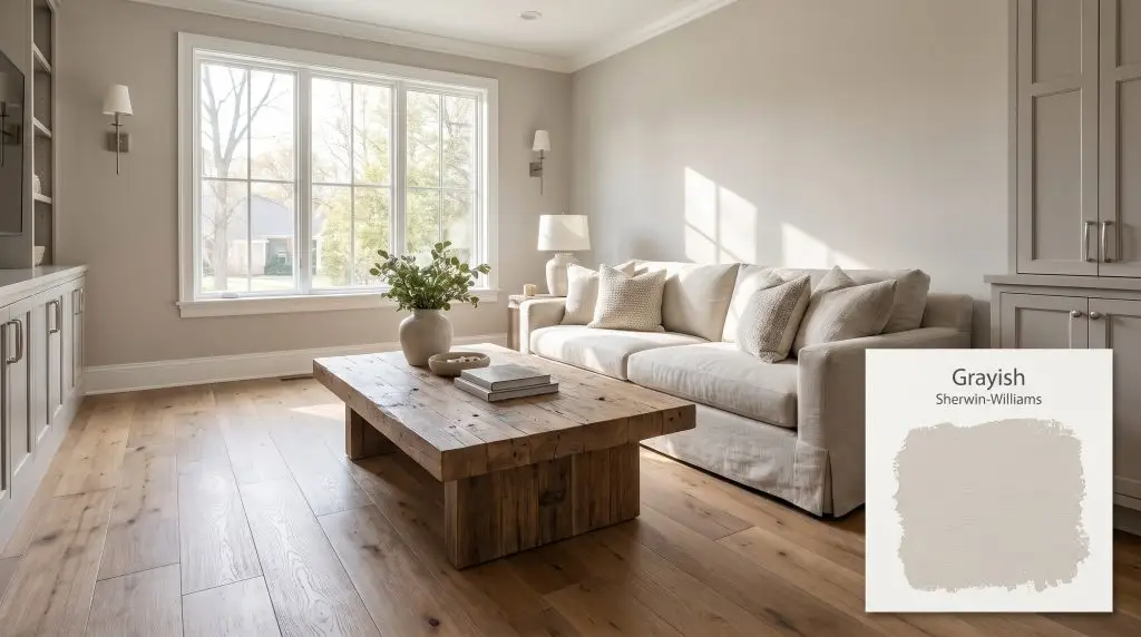 A light beige linen sofa and chunky wood coffee table sit against walls painted in Sherwin-Williams Grayish (Hex #CFCAC7) over wide-plank oak flooring.