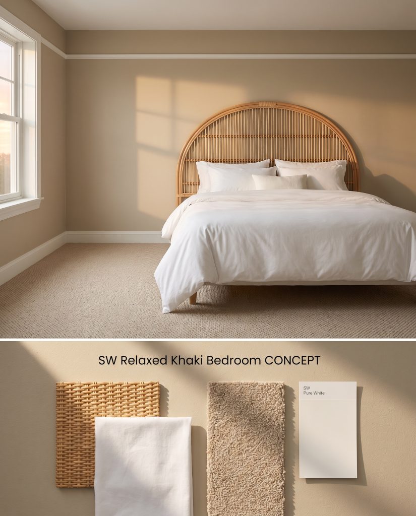 A composite digital board showcasing warm tan bedroom walls over a textured surface with rattan weaving and beige wool carpet samples.