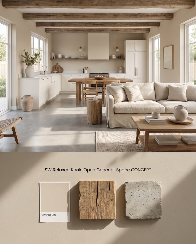 A conceptual board for a warm neutral open concept living space over a physical flat-lay of reclaimed wood and polished concrete.