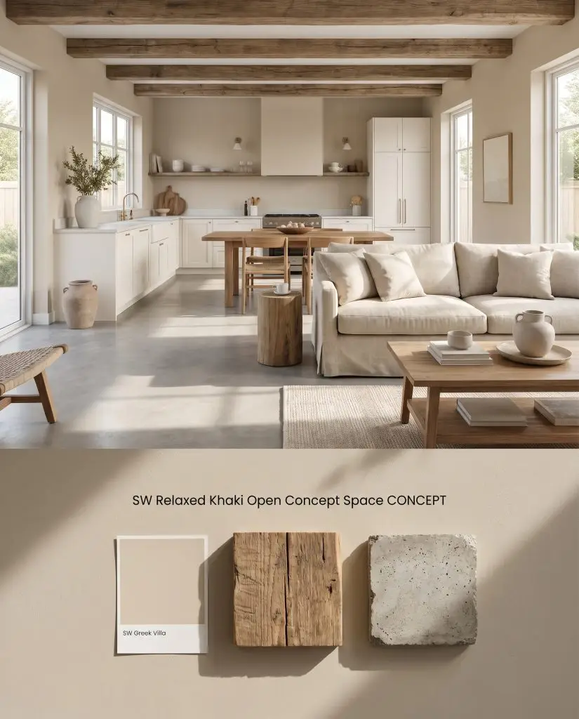 A conceptual board for a warm neutral open concept living space over a physical flat-lay of reclaimed wood and polished concrete.