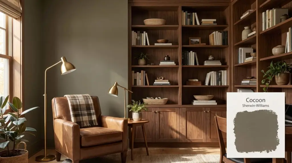 Built-in walnut bookshelves and a leather armchair sit against walls painted in Sherwin-Williams Cocoon (Hex #726B5B) illuminated by warm natural light.