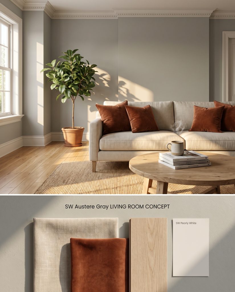 Split conceptual board illustrating an earthy living room with SW 6184 walls atop a flat-lay of rust velvet and ash wood.