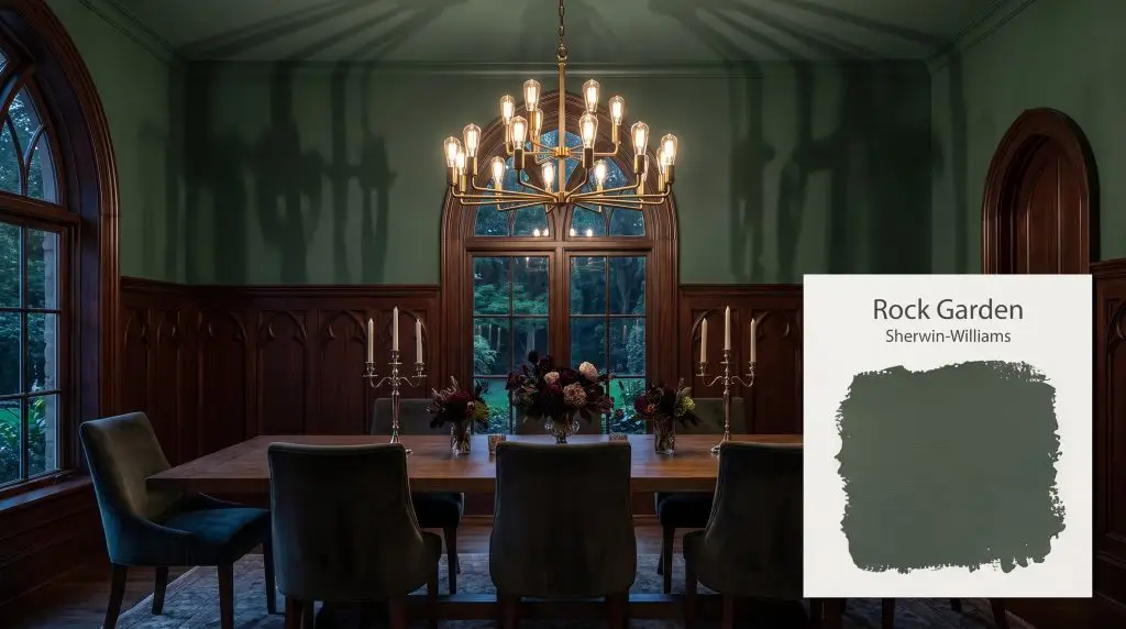 A brass chandelier casts dramatic evening shadows over dark mahogany wainscoting and deep green SW Rock Garden walls (Hex #465448).