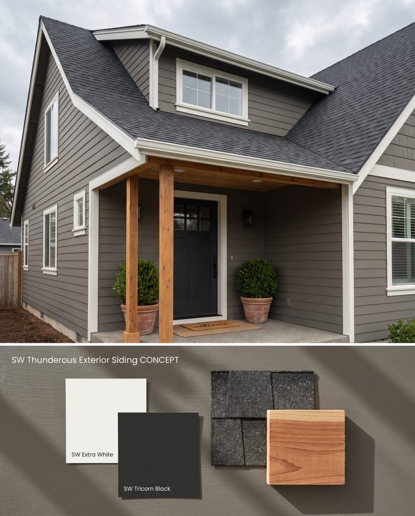A dual-pane architectural visualization displaying deep olive-gray lap siding on a home exterior above a textured flat-lay of cedar and shingle materials.