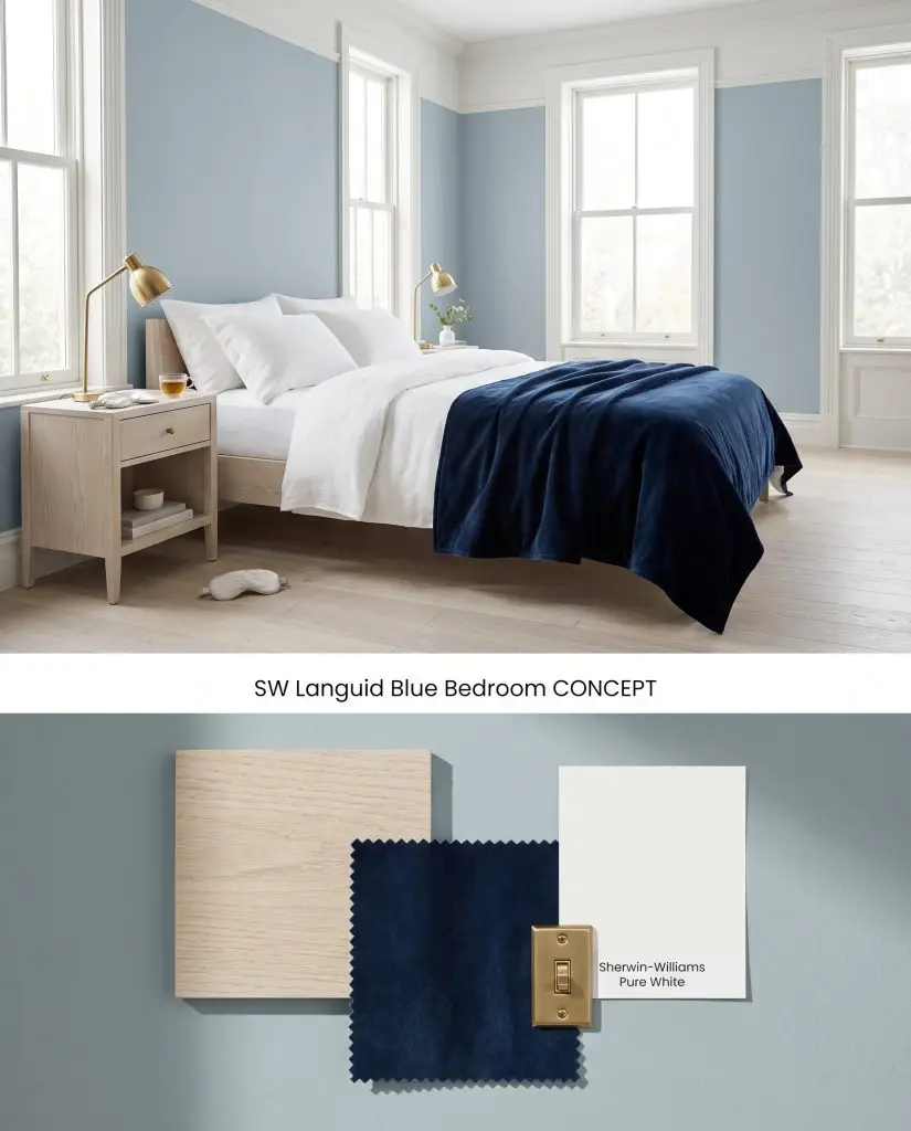 A split conceptual board illustrating a soft bedroom scene above a tactile bottom section containing whitewashed oak, navy velvet, and brass elements.