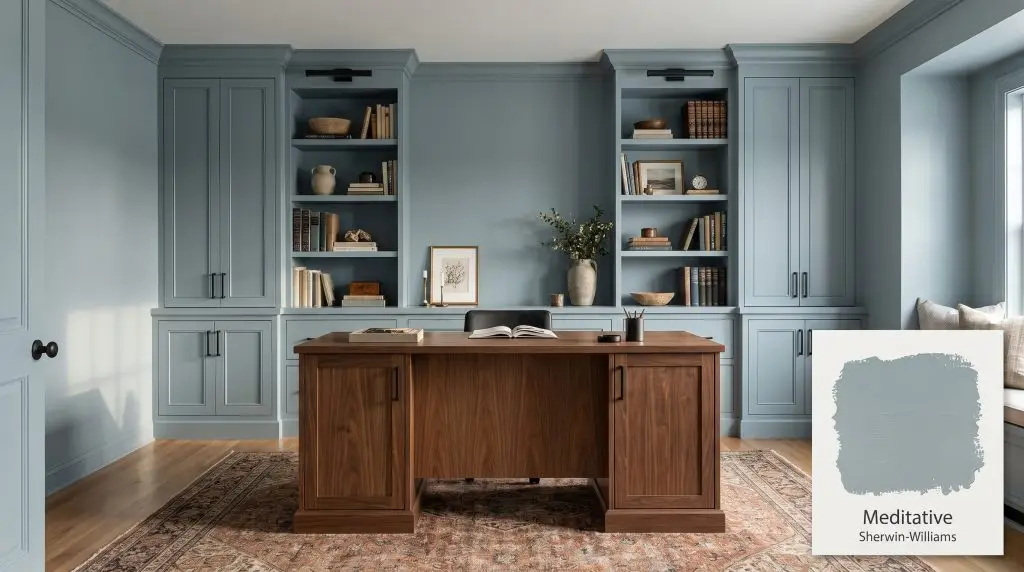 A warm walnut desk and vintage patterned rug anchor a home office lined with built-in cabinetry painted in Sherwin-Williams Meditative (Hex #96AAB0).