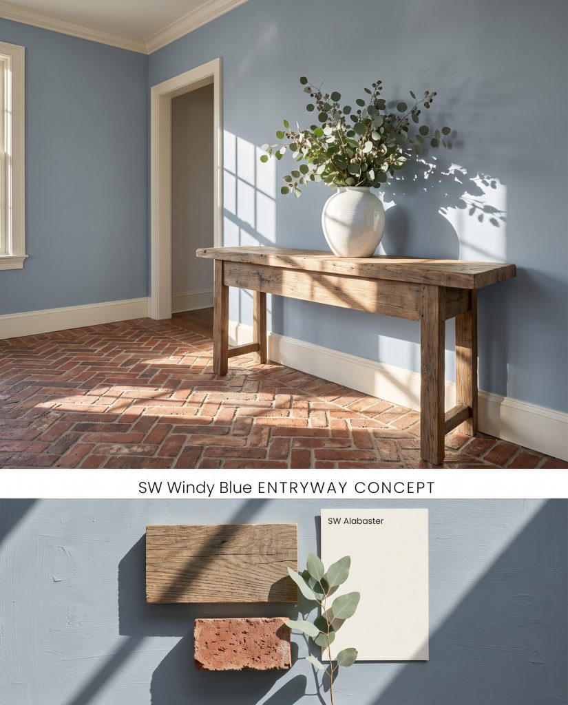 A conceptual split board showing a soft blue entryway with herringbone brick flooring on top, over a textured reclaimed elm and brick flat-lay.