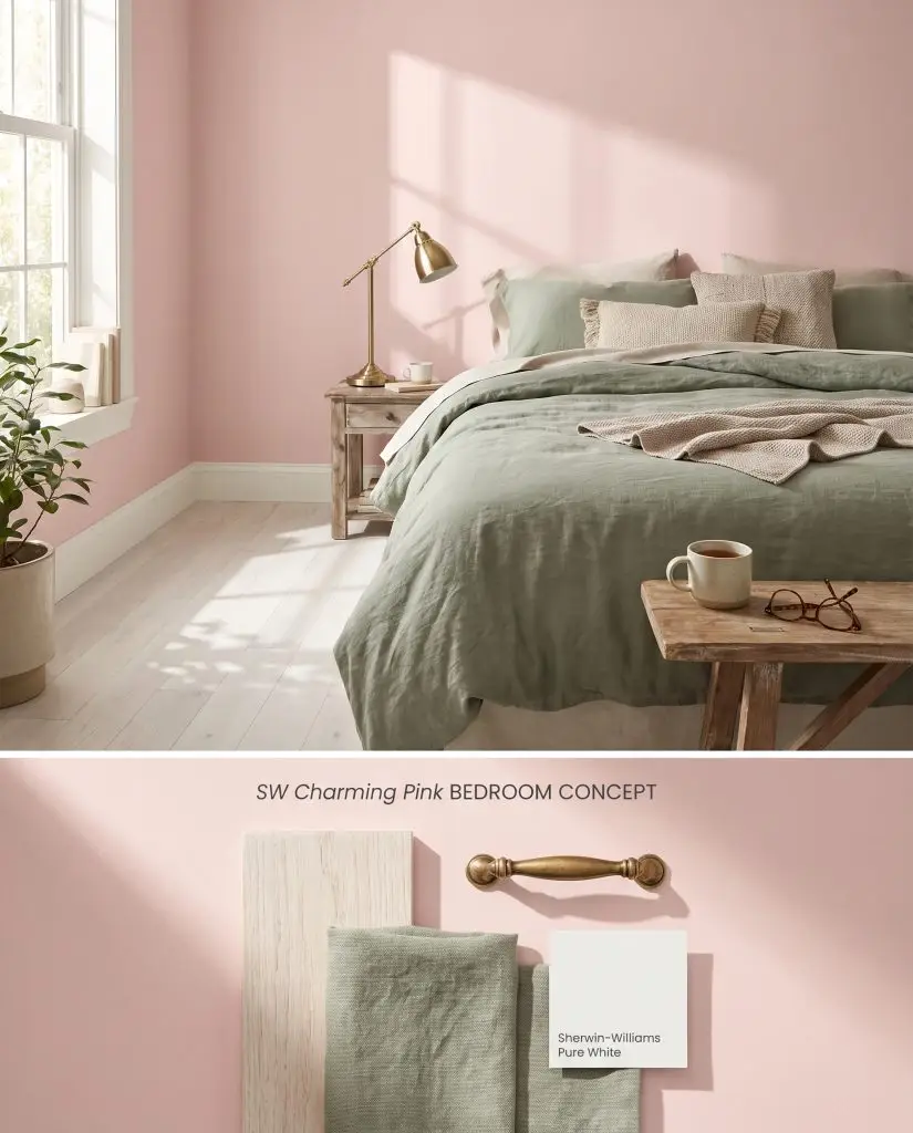 A composite digital board featuring a soft pink bedroom on top and a textured flat-lay with white washed oak and sage green linen below.