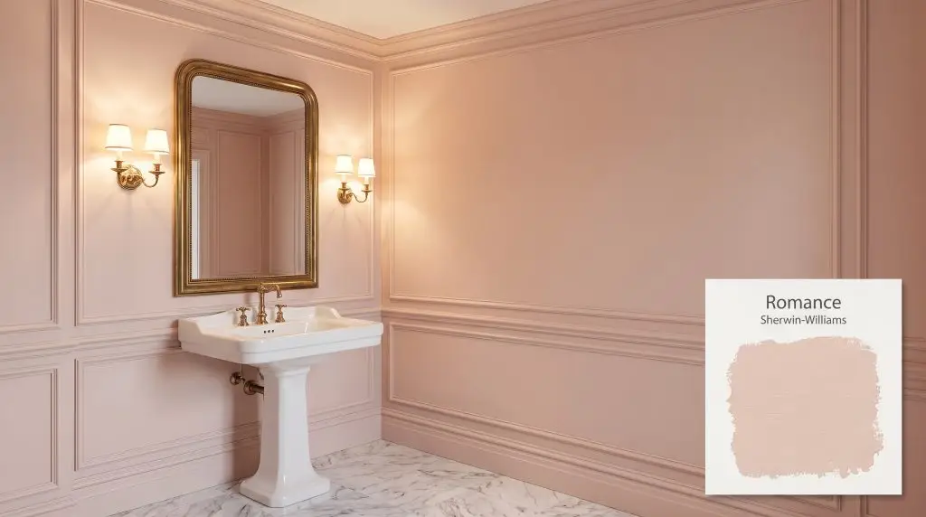 Soft sconce lighting glows against a vintage brass mirror and a white porcelain pedestal sink surrounded by warm blush Romance walls (Hex #EBCFC3).