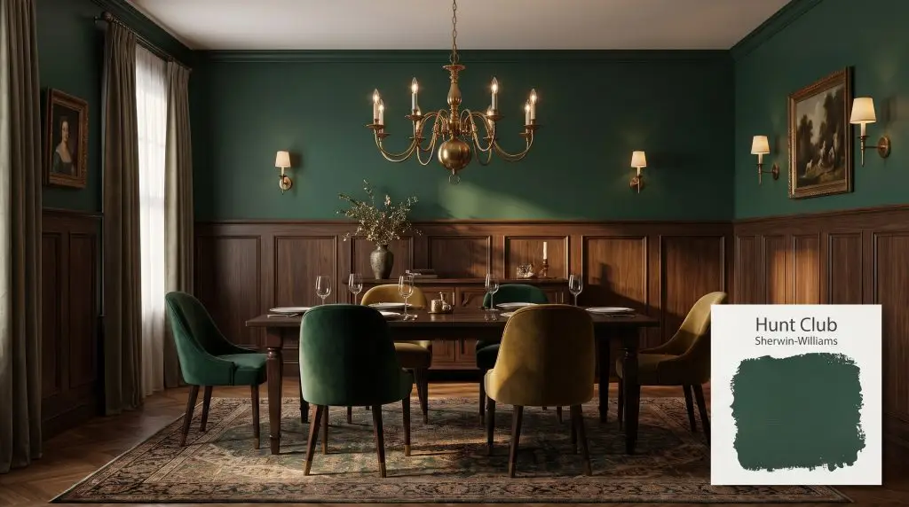 A moody dining room featuring dark walnut wainscoting, velvet chairs, and deep forest green walls painted in Sherwin-Williams Hunt Club (Hex #2A4F43).