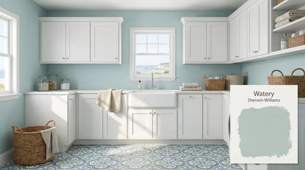 White shaker cabinets and a classic farmhouse sink stand out against soft blue-green walls painted in Sherwin-Williams Watery (Hex #B4CCC9).