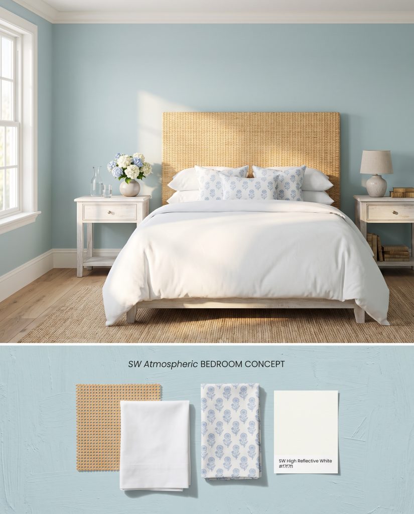 A dual-section digital board presenting a tranquil blue bedroom on top and a material arrangement of woven rattan and block print fabric below.