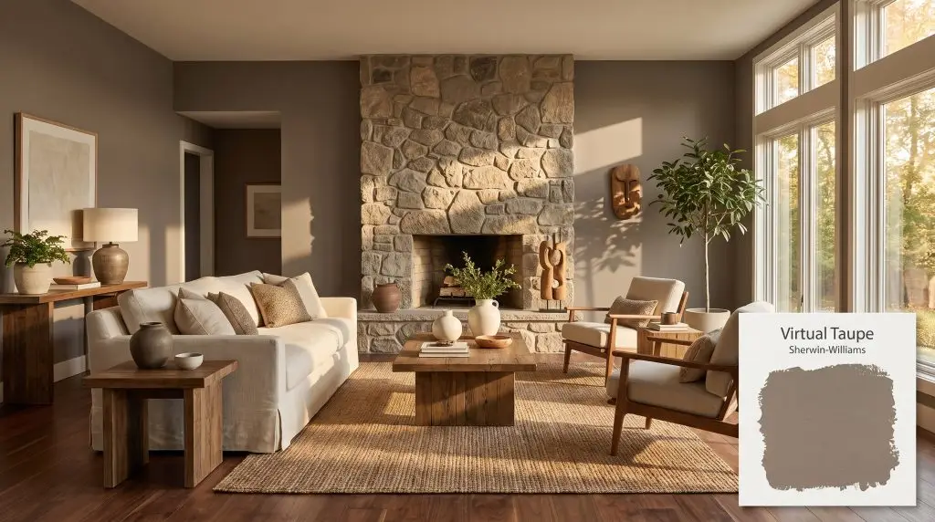 A cream linen sofa sits on rich walnut floors in a living room painted in Sherwin-Williams Virtual Taupe (Hex #8A7A6A) featuring a stone fireplace.