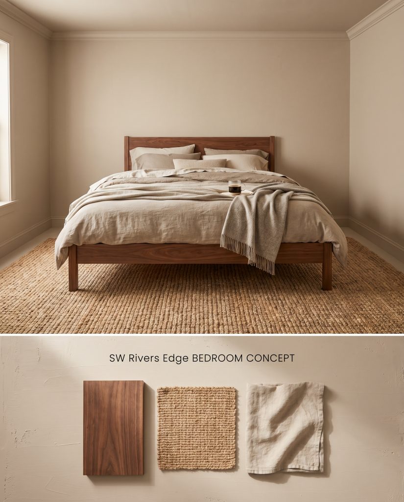 A dual-section visualization displaying a color-drenched beige bedroom on top and a tactile arrangement of walnut, jute, and linen below.