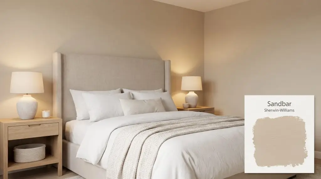 An upholstered linen headboard and light oak nightstands rest against a warm beige backdrop painted in Sherwin-Williams Sandbar (Hex #CBBFAD).