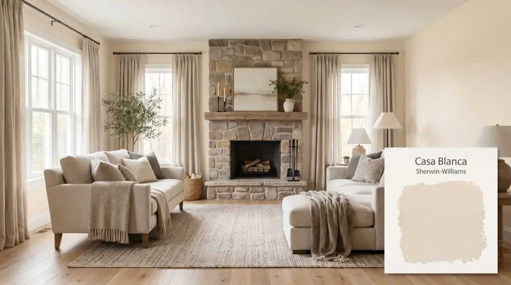 A stone fireplace and neutral linen drapery bring texture to an open-concept living room painted in Sherwin-Williams Casa Blanca (Hex #EDE1CE).