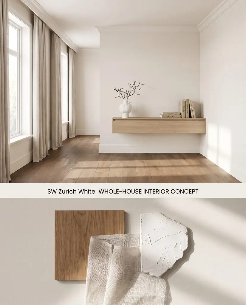 Conceptual split board displaying a minimalist interior color-drenched in SW 7626 above a flat-lay of European oak and sheer linen.