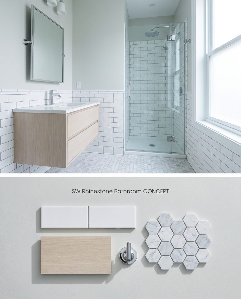 A composite digital board showcasing cool light gray bathroom walls over a textured surface with white subway tile and ash wood samples.