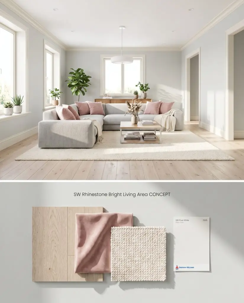 A conceptual board for a pale gray living area over a physical flat-lay of bleached oak, blush pink velvet, and cream wool.