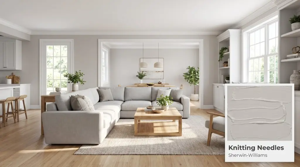 A light gray sectional sofa rests on natural white oak flooring beneath walls finished in Sherwin-Williams Knitting Needles (Hex #C3C1BC).