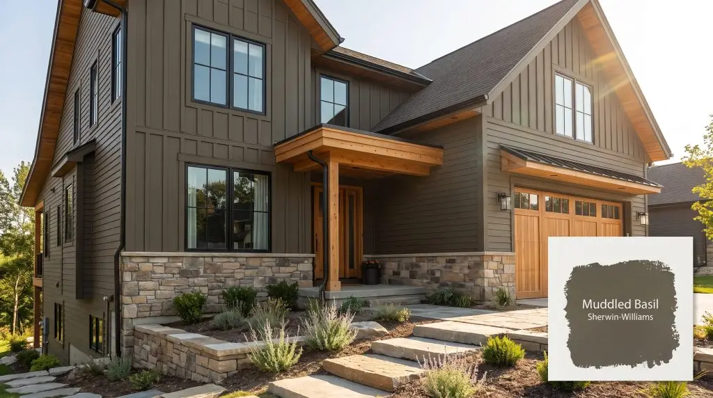 Modern rustic exterior siding painted in Sherwin-Williams Muddled Basil (Hex #5A5243) featuring natural cedar accents, black window frames, and stone landscaping.