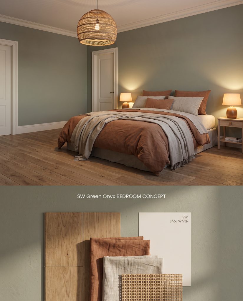 A digital layout displaying a soft green bedroom above, with a textured flat-lay of oak wood, terracotta linen, and woven rattan below.